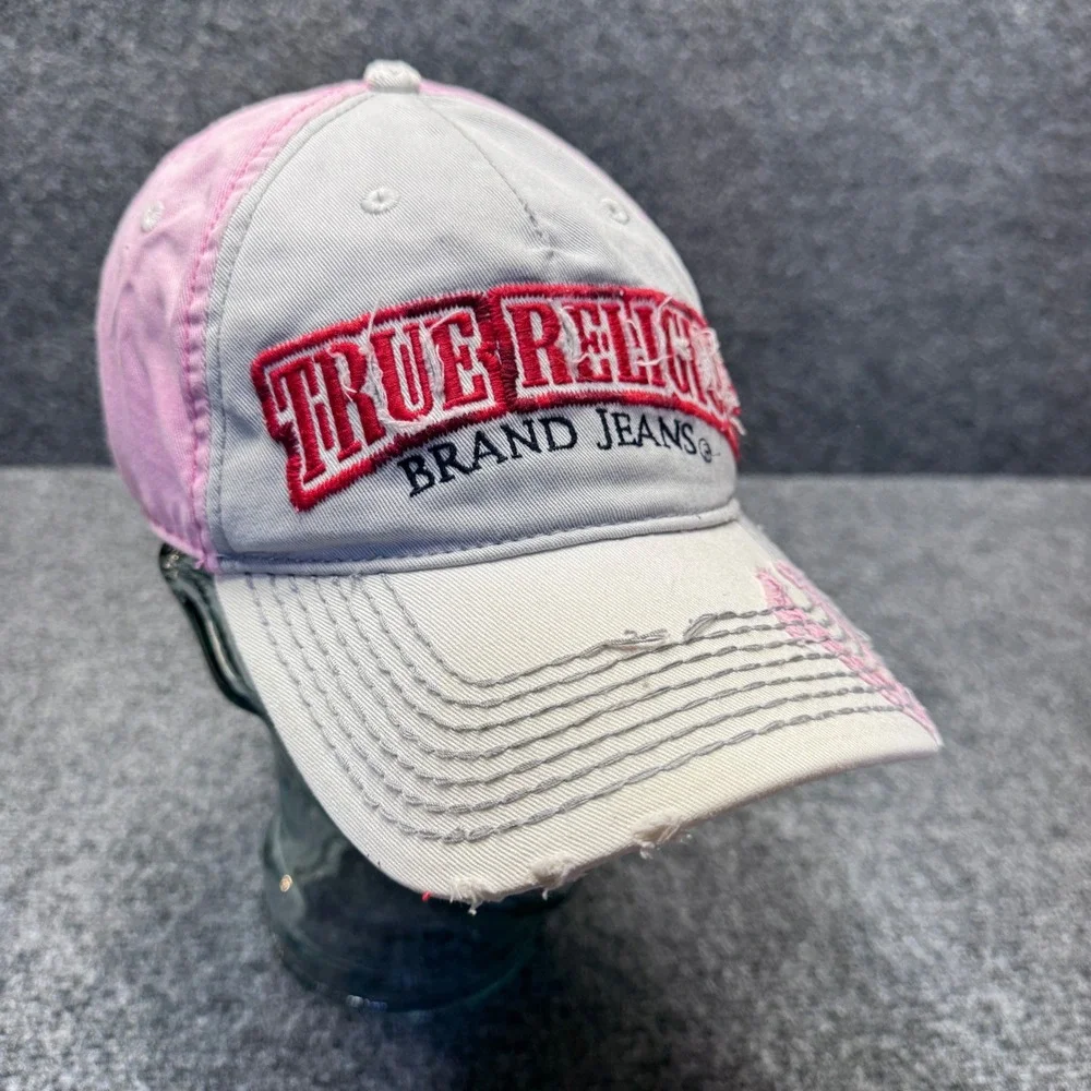 True Religion Baseball Cap Unisex OS Pink Grey Distressed Y2K Streetwear Hat